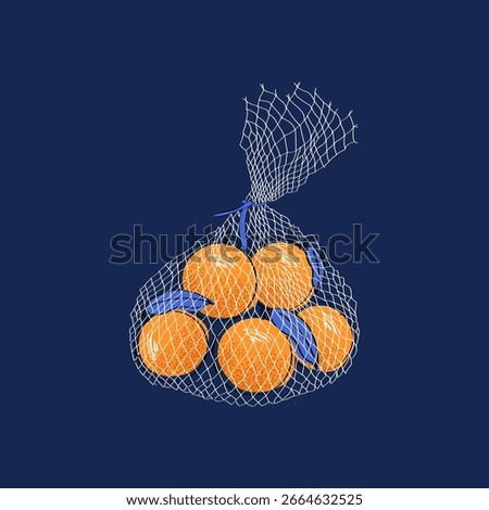 White Net Bag Filled with Oranges on Deep Navy Background Eco friendly grocery illustration for sustainable shopping ads, market posters, product packaging and social media. Sitka with tangerines Wint
