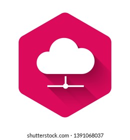 White Network cloud connection icon isolated with long shadow. Social technology. Cloud computing concept. Pink hexagon button. Vector Illustration