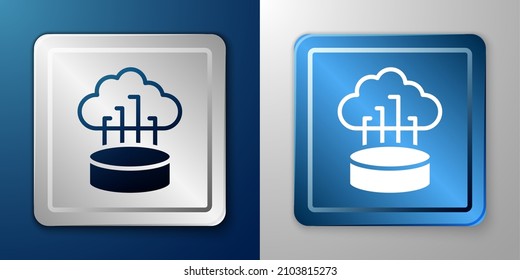 White Network cloud connection icon isolated on blue and grey background. Social technology. Cloud computing concept. Silver and blue square button. Vector