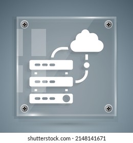 White Network cloud connection icon isolated on grey background. Social technology. Cloud computing concept. Square glass panels. Vector