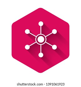 White Network icon isolated with long shadow. Global network connection. Global technology or social network. Connecting dots and lines. Pink hexagon button. Vector Illustration