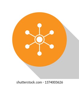 White Network icon isolated on white background. Global network connection. Global technology or social network. Connecting dots and lines. Orange circle button. Flat design. Vector Illustration