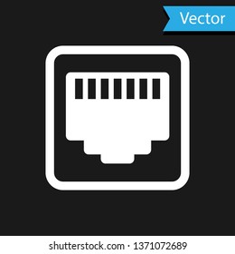 White Network port - cable socket icon isolated on black background. LAN, ethernet port sign. Local area connector icon. Vector Illustration