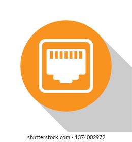 White Network port - cable socket icon isolated on white background. LAN, ethernet port sign. Local area connector icon. Orange circle button. Flat design. Vector Illustration