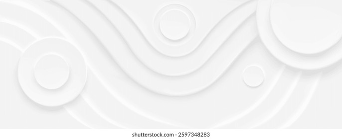 White neumorphism background with abstract shapes. Vector realistic illustration of soft 3D circles and waves on poster, banner, presentation page layout, simple geometric texture, cover design