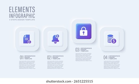 Weiße Neumorphismus-Vektorgrafik-Vorlage. Vier Schritte oder Optionen Business Infografik Layout mit Symbolen.