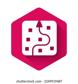 White Neural network icon isolated with long shadow background. Artificial intelligence AI. Pink hexagon button. Vector