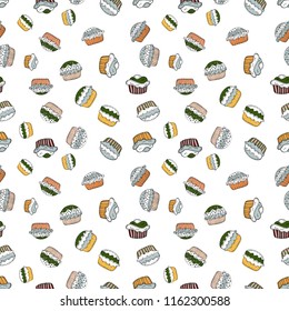 White, neutral and black color. Seamless pattern hand drawn cupcakes. Sweets background design. Print for bakery. Vector illustration.