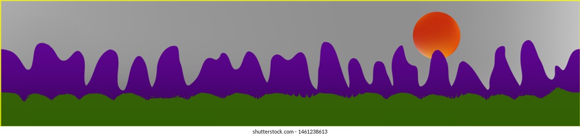 White neutral sky, and mountains landscape. Fairy tale panoramic landscape. Landscape fable. Crisp glass print fantasy. Horizon, smoot. Old game style.