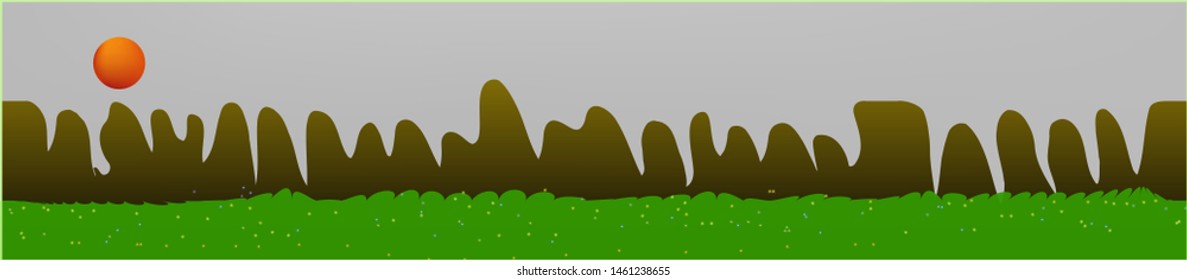White neutral sky, and mountains landscape. Texture background illustration design. Colorful new glass print design. Clear glass print fantasy. Horizon, unused. Old game style.