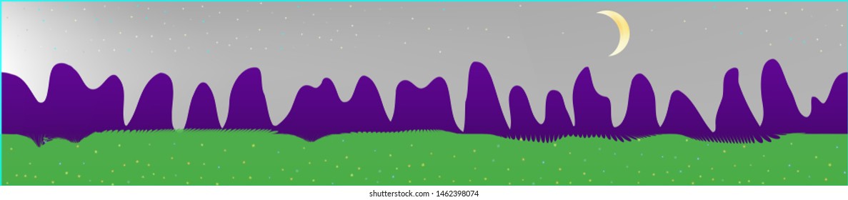 White neutral sky, and mountains landscape. Fairy tale panoramic landscape. Landscape fable. Pristine glass print fantasy. Horizon, unused. Old game style.