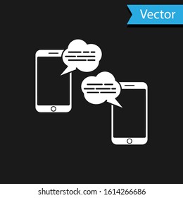 White New chat messages notification on phone icon isolated on black background. Smartphone chatting sms messages speech bubbles.  Vector Illustration