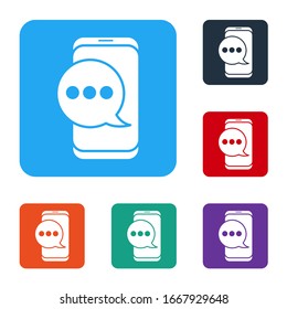 White New chat messages notification on phone icon isolated on white background. Smartphone chatting sms messages speech bubbles. Set icons in color square buttons. Vector Illustration