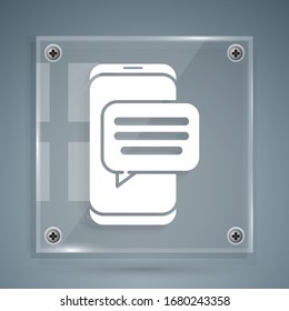 White New chat messages notification on phone icon isolated on grey background. Smartphone chatting sms messages speech bubbles. Square glass panels. Vector Illustration