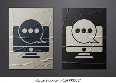 White New chat messages notification on monitor icon isolated on crumpled paper background. Smartphone chatting sms messages speech bubbles. Paper art style. Vector Illustration