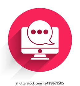 White New chat messages notification on monitor icon isolated with long shadow. Smartphone chatting sms messages speech bubbles. Red circle button. Vector Illustration