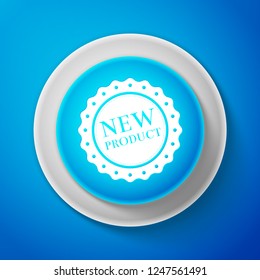 White New product label, badge, seal, sticker, tag, stamp icon isolated on blue background. Circle blue button with white line. Vector illustration