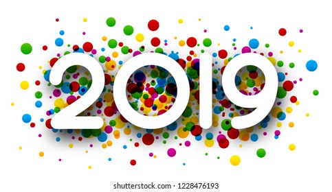 White New Year 2019 poster with colorful paint drops. Festive decoration. Vector background.