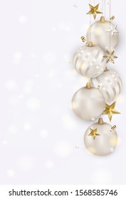White New Year 2020 background with Christmas balls, gold 3d stars, snowflakes, serpentine, bokeh. Vector holiday illustration.