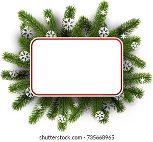 White New Year background with spruce branches and snowflakes. Vector illustration.