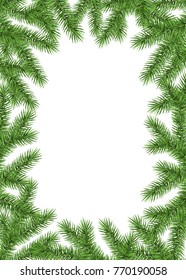 White New year background with spruce branch. Green fir frame. Realistic Christmas tree. Vector template  for  cards, banners, flyers,Xmas  party posters.