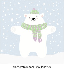 white New Year's bear in a hat rejoices in a winter walk on the street under the snow