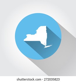 White New York state map icon on a blue circle with a long shadow. Perfect for mobile apps, travel websites, and modern interface design.