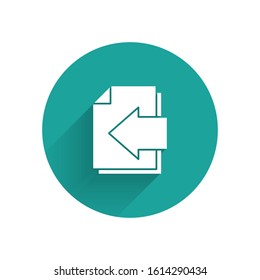 White Next page arrow icon isolated with long shadow. Document file with arrow. Send document. Green circle button. Vector Illustration