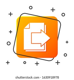 White Next page arrow icon isolated on white background. Document file with arrow. Send document. Orange square button. Vector Illustration