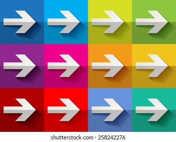 White next paper arrows on checkered colorful pattern background  