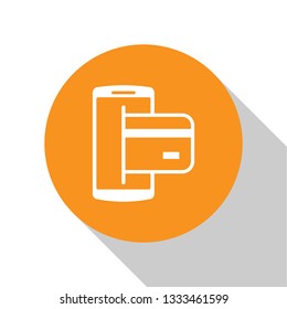 White NFC Payment icon isolated on white background. Mobile payment. NFC smartphone concept. Transfer icon. Orange circle button. Flat design. Vector Illustration