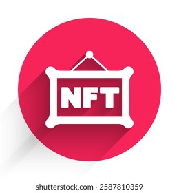 White NFT Digital crypto art icon isolated with long shadow background. Non fungible token. Red circle button. Vector