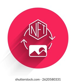 Branco NFT Digital ícone de criptoarte isolado com fundo de sombra longa. Token não fungível. Botão de círculo vermelho. Vetor