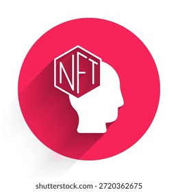 Icono de arte criptográfico digital NFT blanco aislado con fondo de sombra larga. Token no fungible. Botón del círculo rojo. Vector