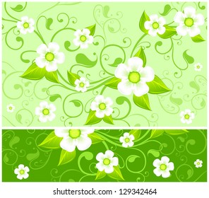 White nice flowers branch on green color background, vector illustration
