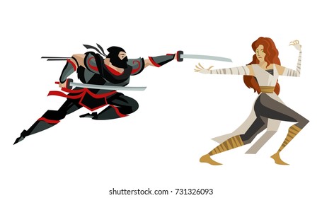 white ninja fighting a black ninja