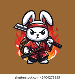WHITE NINJA RABBIT ILLUSTRATION VECTOR IN WHITE, BLACK, ORANGE AND RED WITH BROWN BACKGROUND