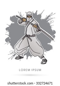 White Ninja and sword on splash grunge background graphic vector.