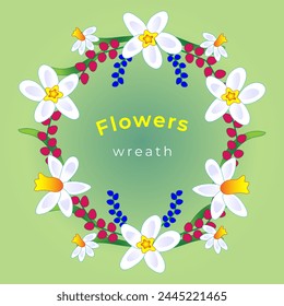 White nircissus flower wreath with other flowers in hand-drawn syle.