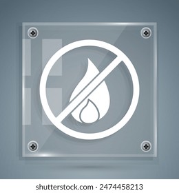 White No fire icon isolated on grey background. Fire prohibition and forbidden. Square glass panels. Vector Illustration