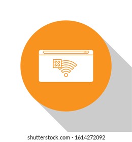 White No Internet connection icon isolated on white background. No wireless wifi or sign for remote internet access. Orange circle button. Vector Illustration
