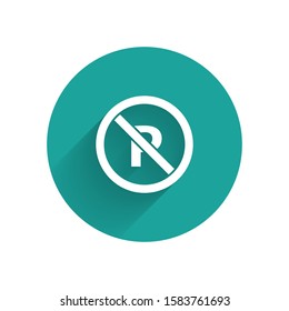 White No Parking or stopping icon isolated with long shadow background. Street road sign. Green circle button. Vector Illustration