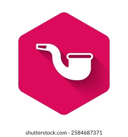 White No pipe smoking icon isolated with long shadow background. Dont smoke. Tobacco pipe. Pink hexagon button. Vector