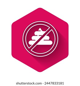 White No shit icon isolated with long shadow background. Pink hexagon button. Vector