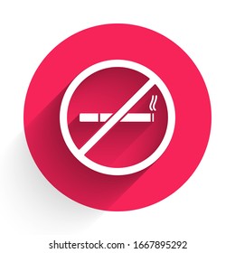 White No Smoking icon isolated with long shadow. Cigarette symbol. Red circle button. Vector Illustration