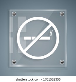 White No Smoking icon isolated on grey background. Cigarette symbol. Square glass panels. Vector Illustration