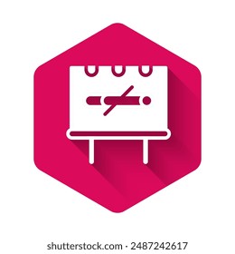 White No smoking icon isolated with long shadow background. Cigarette smoking prohibited sign. Pink hexagon button. Vector