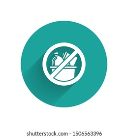 White No trash icon isolated with long shadow. Green circle button. Vector Illustration