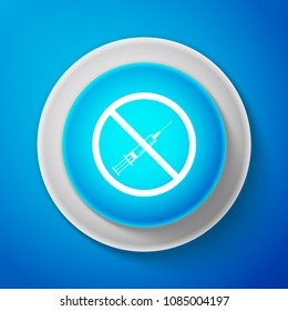 White No vaccine icon isolated on blue background. No syringe sign. Circle blue button with white line. Vector Illustration