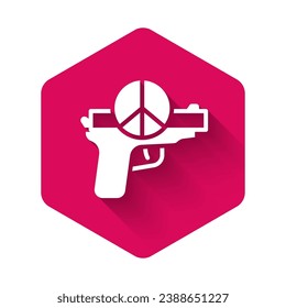 White No war icon isolated with long shadow background. The peace symbol. Pink hexagon button. Vector